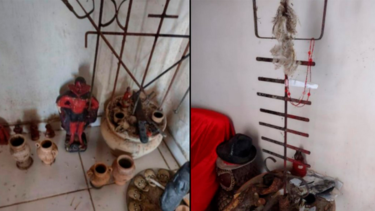 Assentamento fotografado dentro de templo de religião afro-brasileira divulgado como "ritual satânico" (Foto: Divulgação/Polícia Civil de Goiás)