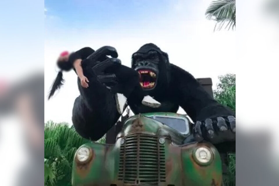 Menino comemorava o aniversário no parque temático; criança escorregou de uma estátua quando posava para uma foto