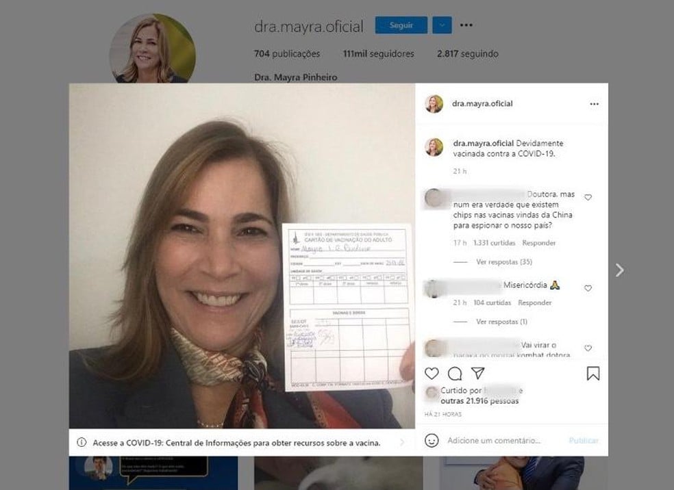 Diversos seguidoras de Mayra Pinheiro a criticaram por ela ser imunizada contra do coronavírus com a vacina da AstraZeneca