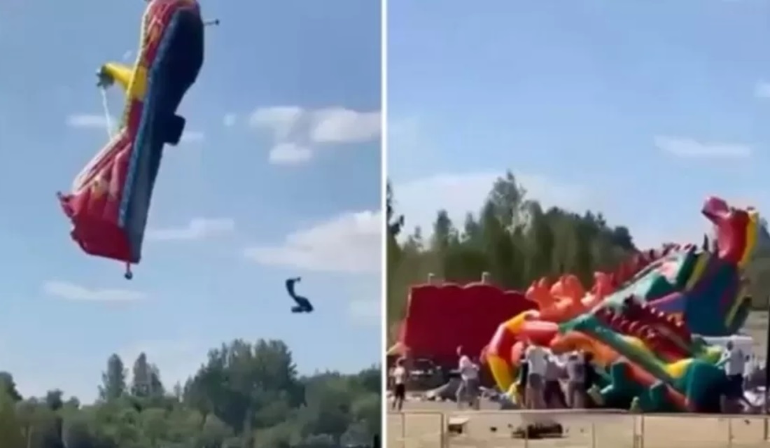 Ventania arremessa crianças de brinquedos infláveis na Bielorrússia; assista