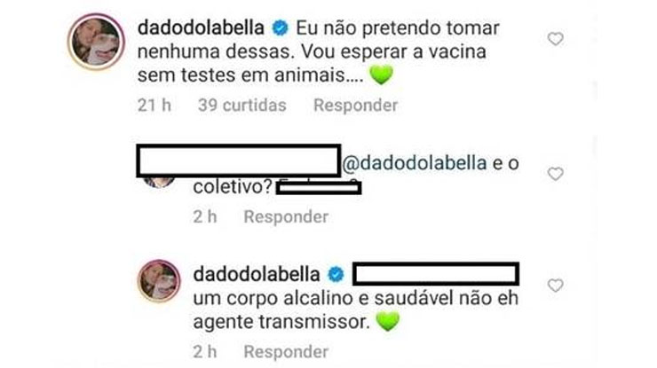 Dado Dolabella responde seguidor sobre vacina