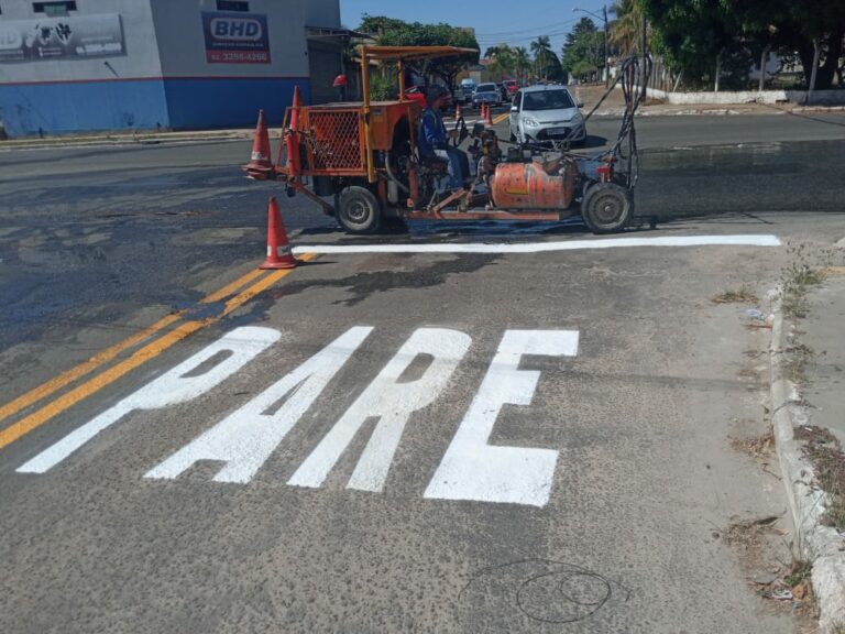 A Prefeitura de Goiânia sinaliza, até o próximo sábado (24), ruas de 11 setores da capital. Trabalhos tiveram início na segunda-feira (19). (Foto: divulgação/Prefeitura de Goiânia)