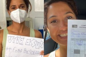 'Não se manifestar é não ver esse descalabro de mortes', diz Camila Pitanga Camila Pitanga é vacinada contra covid-19 mostrando cartaz #Fora Bolsonaro'