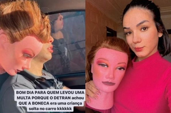 Influenciadora é multada por carregar manequim sem cinto, no DF