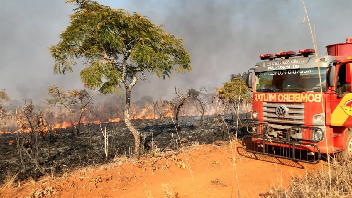 Tempo seco e ventania dificultam combate a incêndio no Parque Nacional das Emas (Foto: Divulgação/Bombeiros)