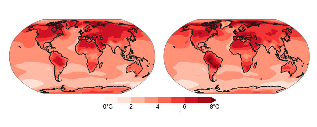 Infográfico feito pelo IPCC mostra o aumento das temperaturas médias (à esquerda) e das temperaturas extremas (à direita) com o aquecimento global - IPCC