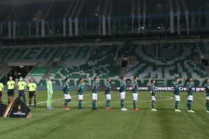 Jogadores do Palmeiras perfilados para jogo da Libertadores