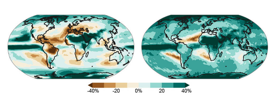 Infográfico feito pelo IPCC mostra a alteração média (à esquerda) e extrema (à direita) dos níveis de precipitação com o aquecimento global - IPCC
