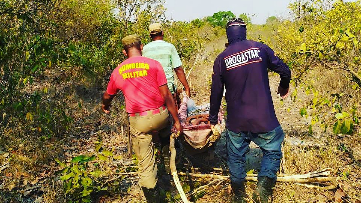 Bombeiro e voluntários carregam mulher em maca improvisada no meio da mata - Mulher se perde em mata após sair para colher pequi em Mozarlândia