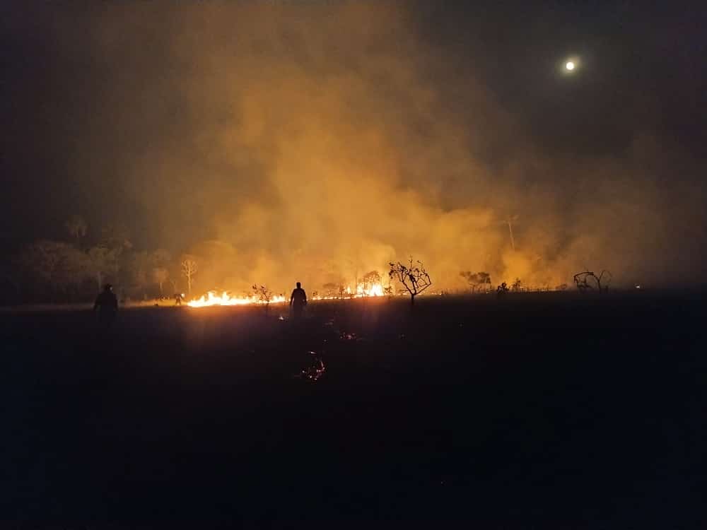Trabalho de combate às chamas realizado à noite, no Parque Terra Ronca (Foto: Divulgação - CBMGO)