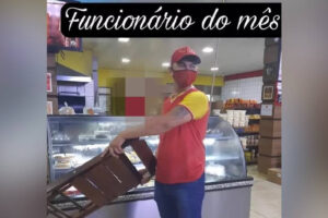 Trabalhador de comércio - Empregado se torna funcionário do mês ao atingir assaltante com cadeirada em padaria de Porto Velho. Internautas pediram homenagem. Assista!