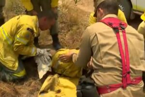 Brigadista é imobilizada após cair em pedras