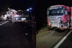 Veículos envolvidos em acidente - Cinco pessoas morreram em colisão frontal de carro com carreta na BR-364, em Mineiros. Cinco homens são as vítimas fatais