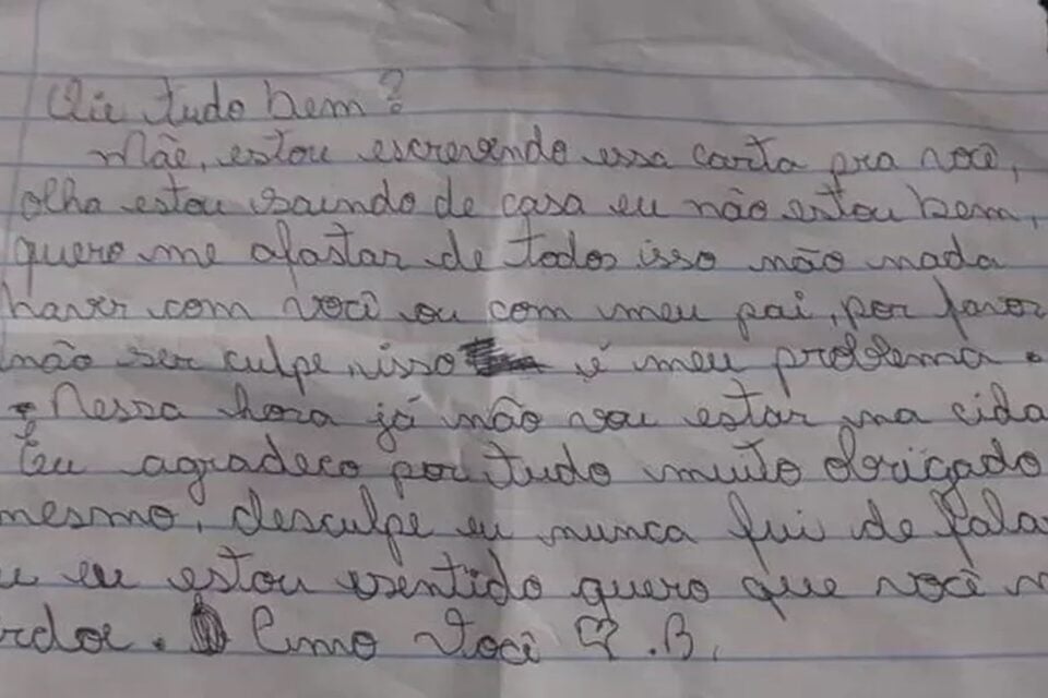 Bilhete deixado pel jovem (Foto: Alice Dayane Silva - Arquivo Pessoal)