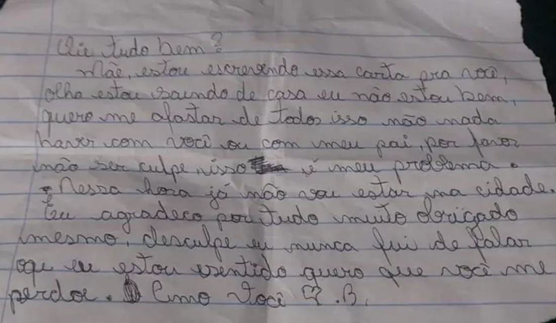 Bilhete deixado pel jovem (Foto: Alice Dayane Silva - Arquivo Pessoal)