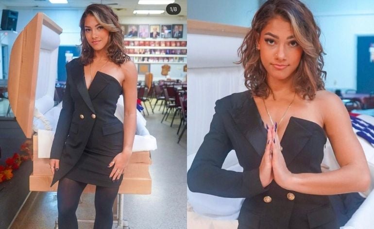 Jayne Rivera afirmou que não via nada de errado: fotos. Influencer é banida do Instagram após fotos diante do caixão do pai: veja