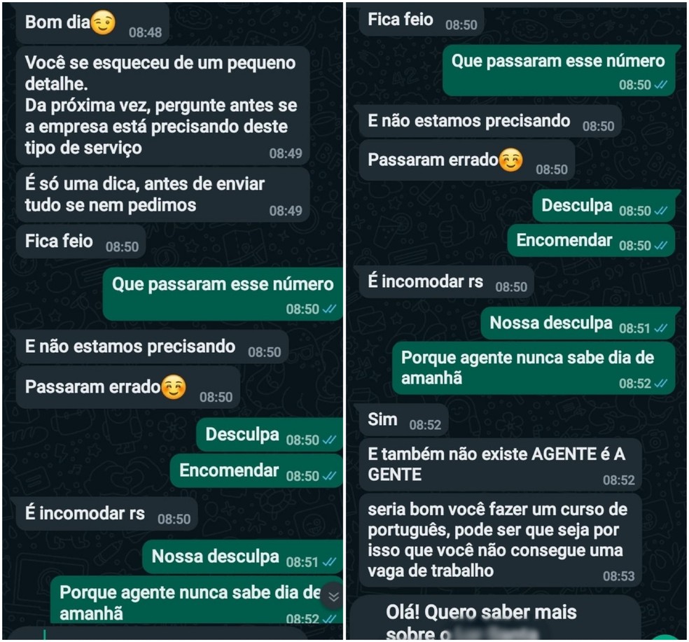 Prints de mensagens mostram atendente humilhando cuidadora