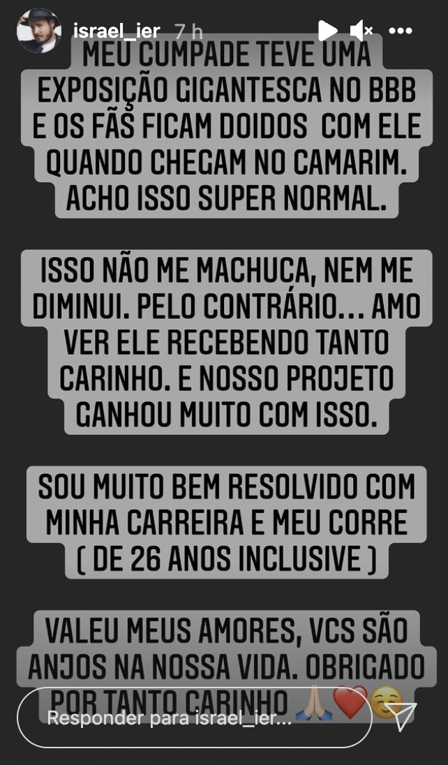 Cantor publicou esclarecimento nas redes sociais após vídeo viralizar. Israel desabafa após ser ignorado por fã que só tietou Rodolffo