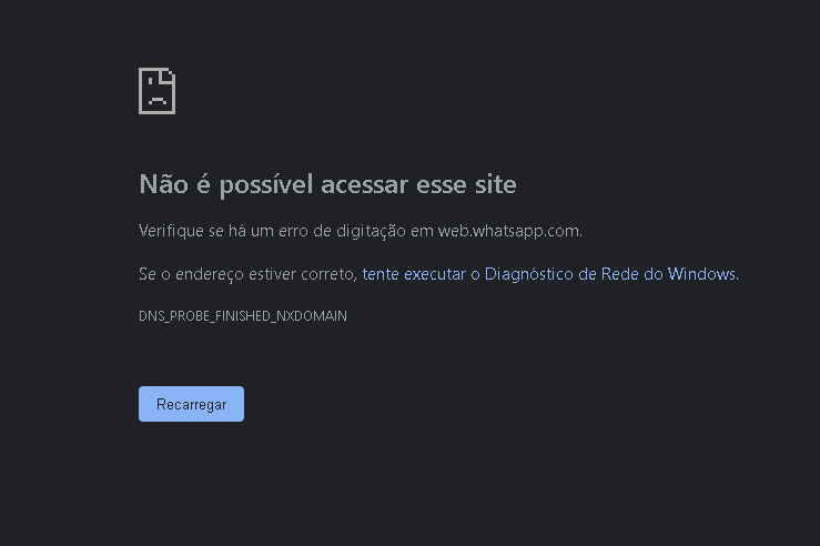 Página de navegador mostra falha de carregamento 