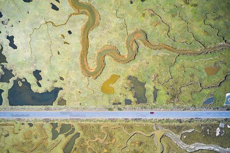 Imagem mostra a linha reta de uma estrada cortando as curvas de uma paisagem pantanosa que abriga mais de uma centena de espécies de pássaros - Javier Lafuente/WPY