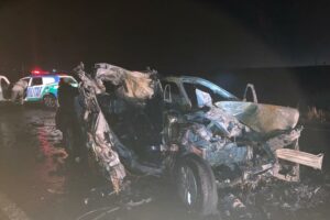 Após acidente, carro pega fogo e bombeiros são acionados para socorrer vítimas (Foto: CBMGO - Divulgação))