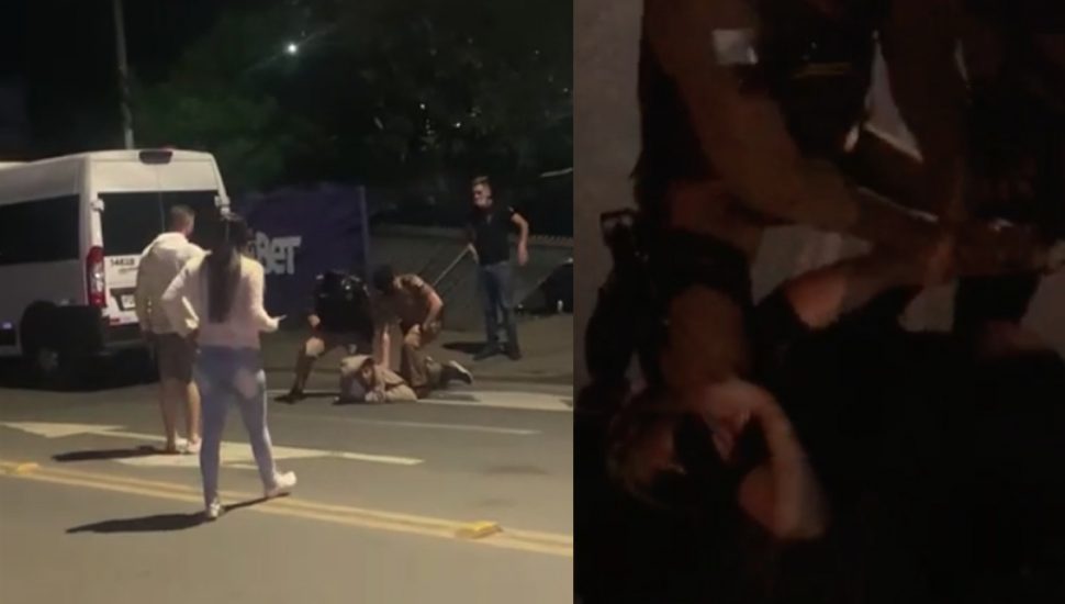 Uma mulher foi imobilizada e agredida por um policial militar durante uma abordagem na noite desta sexta-feira (22) em Curitiba (PR) (Foto: reprodução)