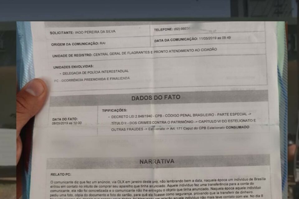 Um dos BOs que foi aberto contra Iago, mesmo ele sendo vítima