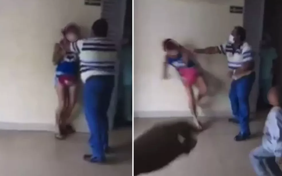 Mulher, acompanhada de uma criança, é agredida por porteiro de hospital, em Itumbiara (Foto: Reprodução/TV Anhanguera)