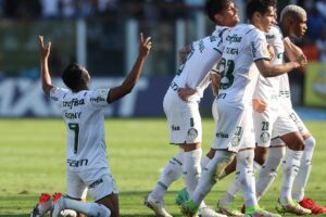 Jogadores do Palmeiras comemoram gol contra o Santos