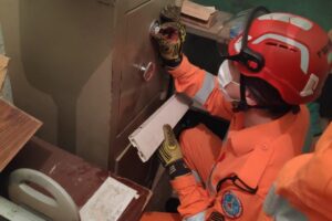 Uma criança de 4 anos prendeu um filhote de gato dentro de um cofre antigo em casa, em Contagem, na Região Metropolitana de Belo Horizonte. (Foto: Divulgação/Corpo de Bombeiros)