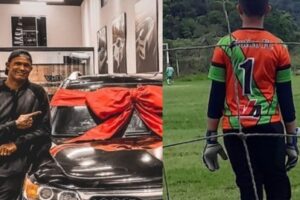 Goleiro Bruno com um carro novo e do outro lado o filho do goleiro