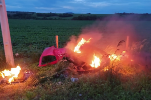 Carro é partido ao meio em colisão na GO-060, em Turvânia. Veículo ainda pegou fogo após o impacto (Foto: leitor/Mais Goiás)