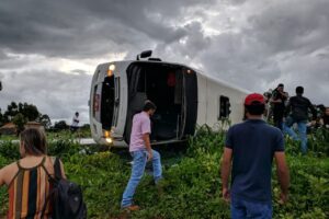 Veículo tombou na GO-300. (Foto: Reprodução/Redes Sociais)