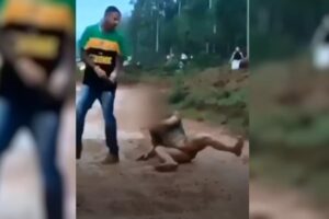 Um homem foi amarrado com uma corda no pescoço e arrastado durante a 2ª Cavalgada das Comitivas, em Alto Paraíso de Goiás. (Foto: reprodução)