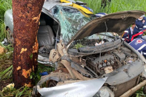Em meio à chuva, carro capota e bate contra árvore na BR-153, em Rialma