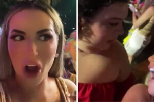 Ela foi tirar satisfação com influencer e a acusou de falar mal dela. Deolane Bezerra arma barraco com Rainha Matos na Farofa da Gkay: vídeo
