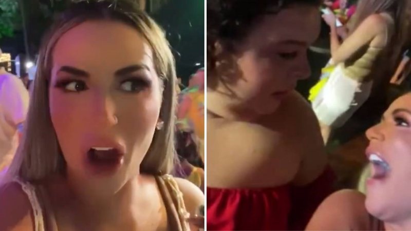 Ela foi tirar satisfação com influencer e a acusou de falar mal dela. Deolane Bezerra arma barraco com Rainha Matos na Farofa da Gkay: vídeo
