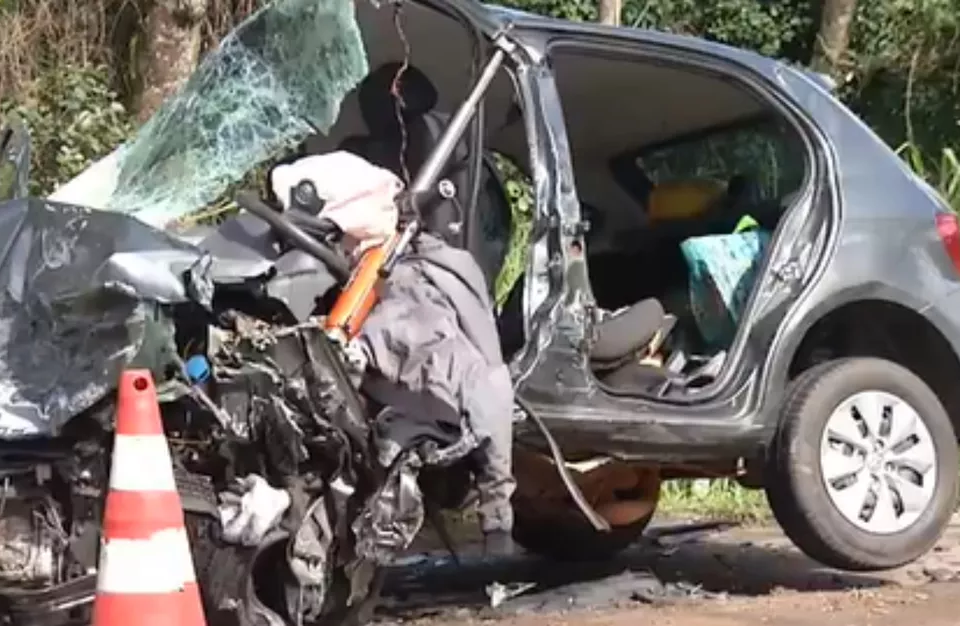 Dois motoristas e dois cães morreram após um acidente envolvendo dois carros de passeio na BR-040, em Luziânia. (Foto: Reprodução/TV Anhanguera)