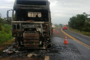Motorista sai ileso após caminhão carregado de óleo vegetal pegar fogo na GO-213