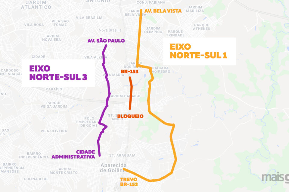 Mapa de rotas alternativas à BR-153 em Aparecida (Imagem: Niame Loiola)