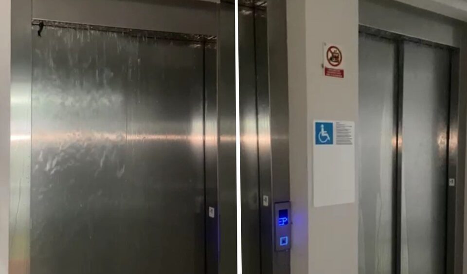 Chuva forte deixa prédio alagado e forma 'cascata' em elevador em SP
