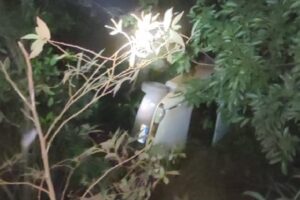 Motorista perde o controle e para na ribanceira do Rio Claro, em ponte próxima ao distrito de São Simão (Foto: PMGO - Divulgação)