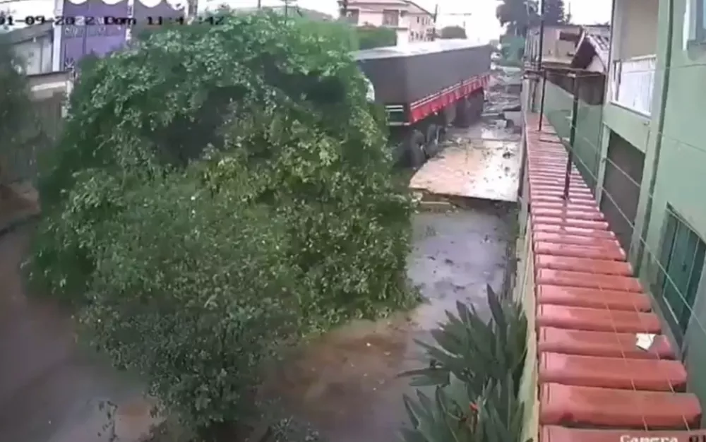 Caminhão sem motorista invade calçada e derruba árvores em Anápolis