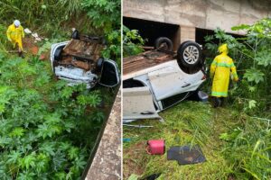 Carro sai da pista e capota na avenida Goiás, em Goiânia (Imagens: Corpo de Bombeiros)