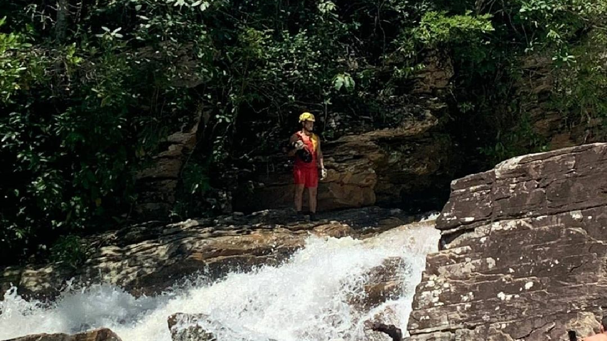 Cachorro fica preso no alto de cachoeira em Pirenópolis e precisa de resgate