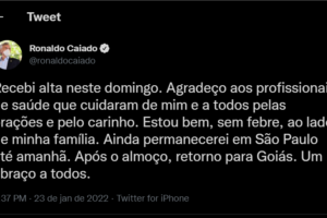 Caiado recebe alta médica e deve voltar para Goiânia nesta segunda-feira