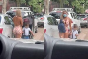 Mulher é alvo de ataques nas redes por usar macaquinho fitness para levar filho a escola