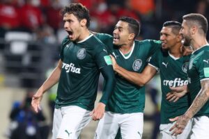 Jogadores do Palmeiras comemoram gol contra Al Ahly