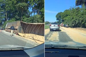 PRF interdita BR-153 por uma hora após tombamento de caminhão com milho (Foto: Divulgação)
