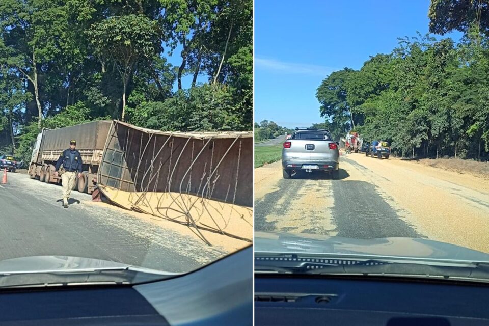 PRF interdita BR-153 por uma hora após tombamento de caminhão com milho (Foto: Divulgação)